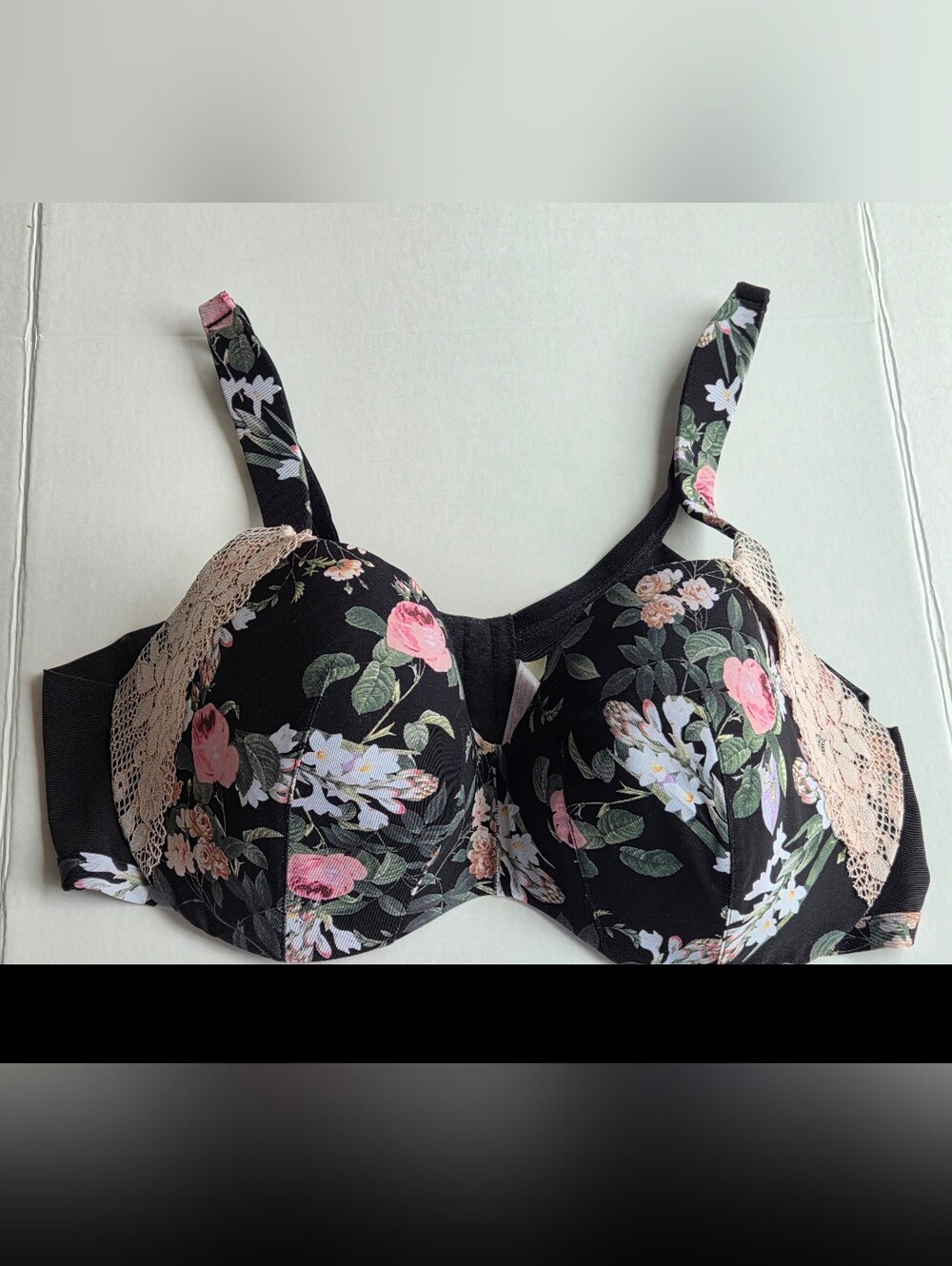 Cacique 44D Underwire Black Floral Lace Trim Bra